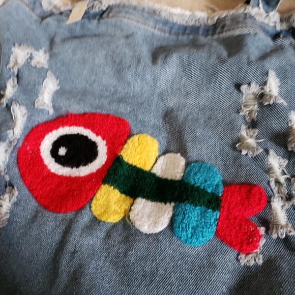 Terry Loom Stitched Color Fish Deconstructed Denim Tote - Picture 2 of 3